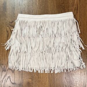 Leather Fringe Cream Skirt
